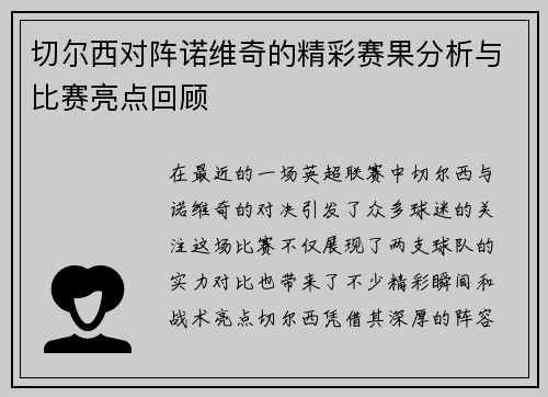 切尔西对阵诺维奇的精彩赛果分析与比赛亮点回顾